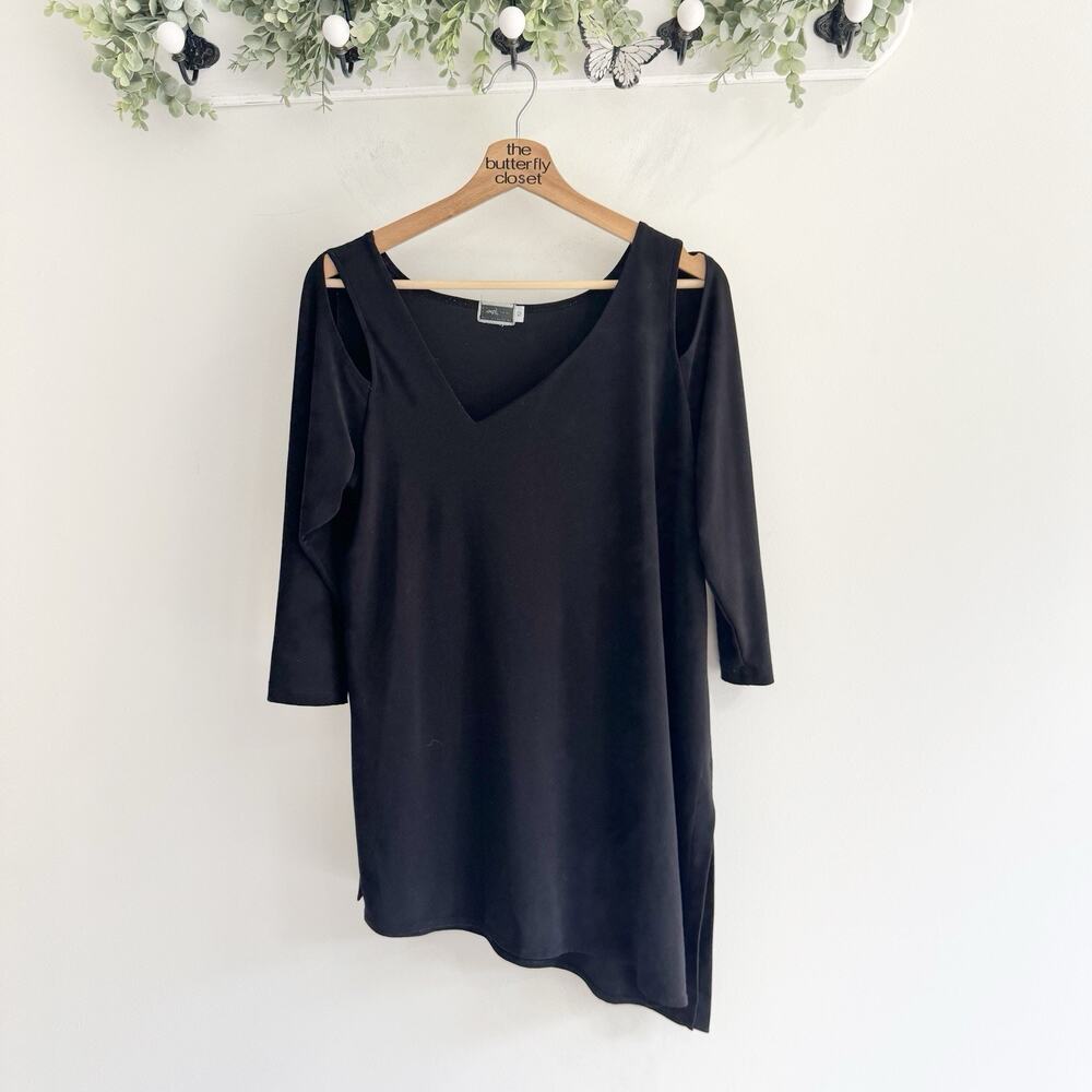 Sympli Black Asymmetrical Hem Cut Out Tunic Stretchy Size 12 gg5577